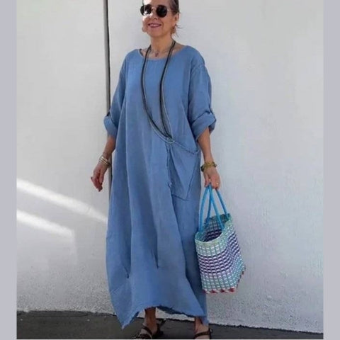 Cotton Linen Casual Solid Color Pocketed Round Neck Long Jumpsuit