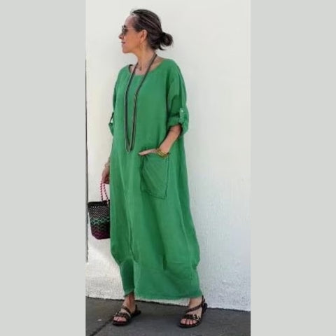 Cotton Linen Casual Solid Color Pocketed Round Neck Long Jumpsuit
