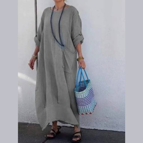 Cotton Linen Casual Solid Color Pocketed Round Neck Long Jumpsuit