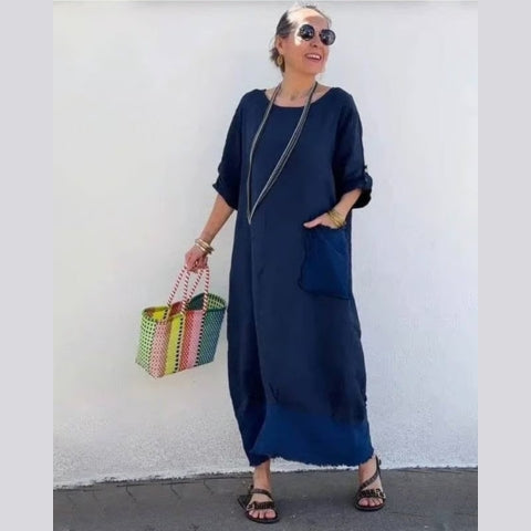 Cotton Linen Casual Solid Color Pocketed Round Neck Long Jumpsuit