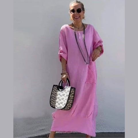 Cotton Linen Casual Solid Color Pocketed Round Neck Long Jumpsuit