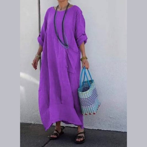Cotton Linen Casual Solid Color Pocketed Round Neck Long Jumpsuit