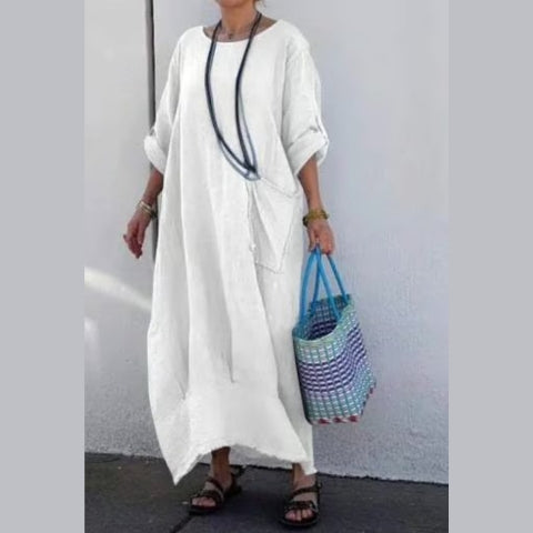 Cotton Linen Casual Solid Color Pocketed Round Neck Long Jumpsuit