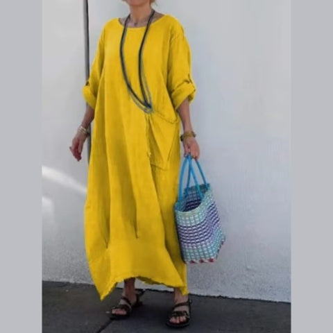 Cotton Linen Casual Solid Color Pocketed Round Neck Long Jumpsuit