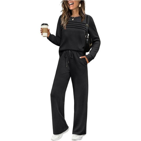 Women’s Soft Cotton Lounge Set – Crew Neck Top & Drawstring Pants
