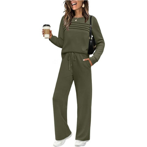 Women’s Soft Cotton Lounge Set – Crew Neck Top & Drawstring Pants