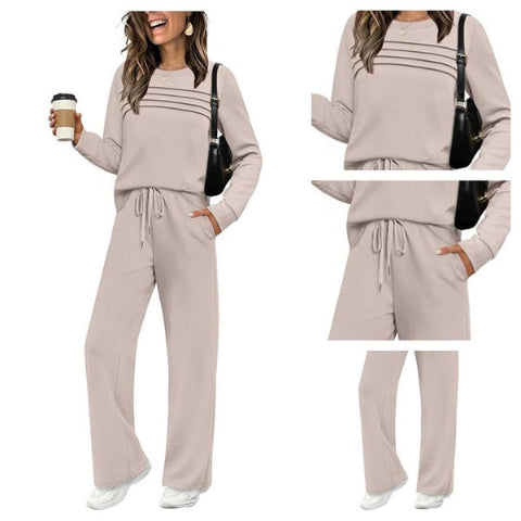 Women’s Soft Cotton Lounge Set – Crew Neck Top & Drawstring Pants